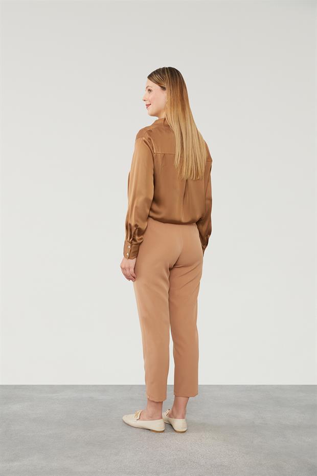 Camel Çift Pliseli Kumaş Havuç Pantolon