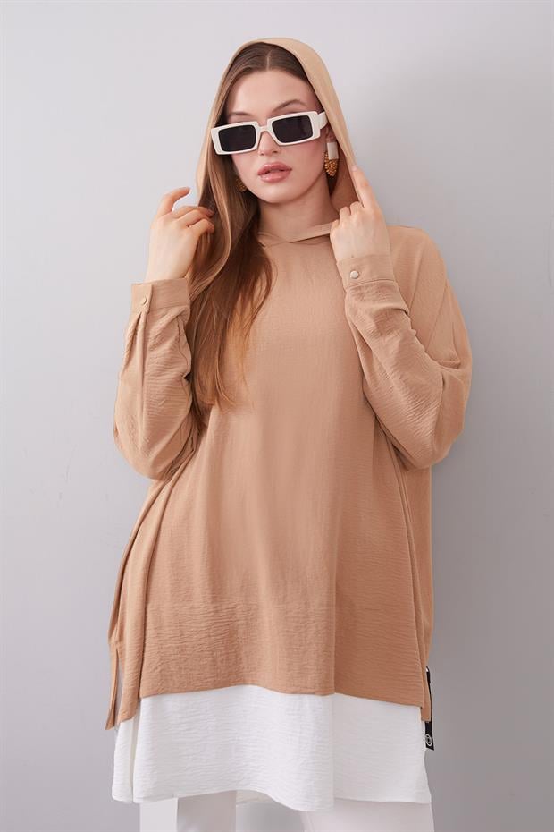 Çift Renkli Şapkalı Tunik Camel
