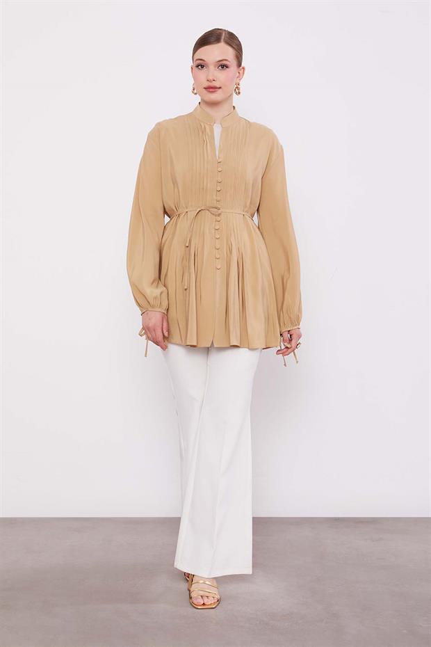 Camel Düğme Detay Belden Bağlama Gömlek