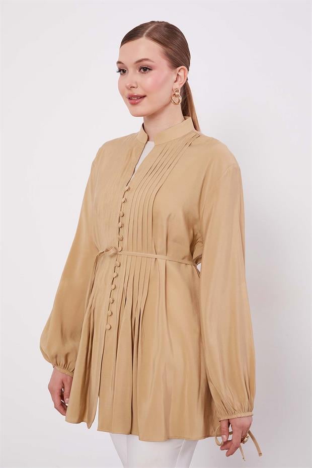 Camel Düğme Detay Belden Bağlama Gömlek