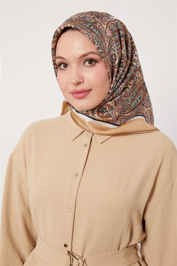 Camel Etnik Desen Twill İpek Eşarp