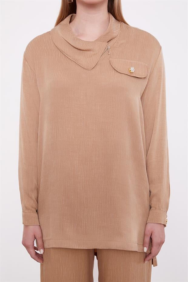 Camel Fermuar Detaylı Tunik Takım
