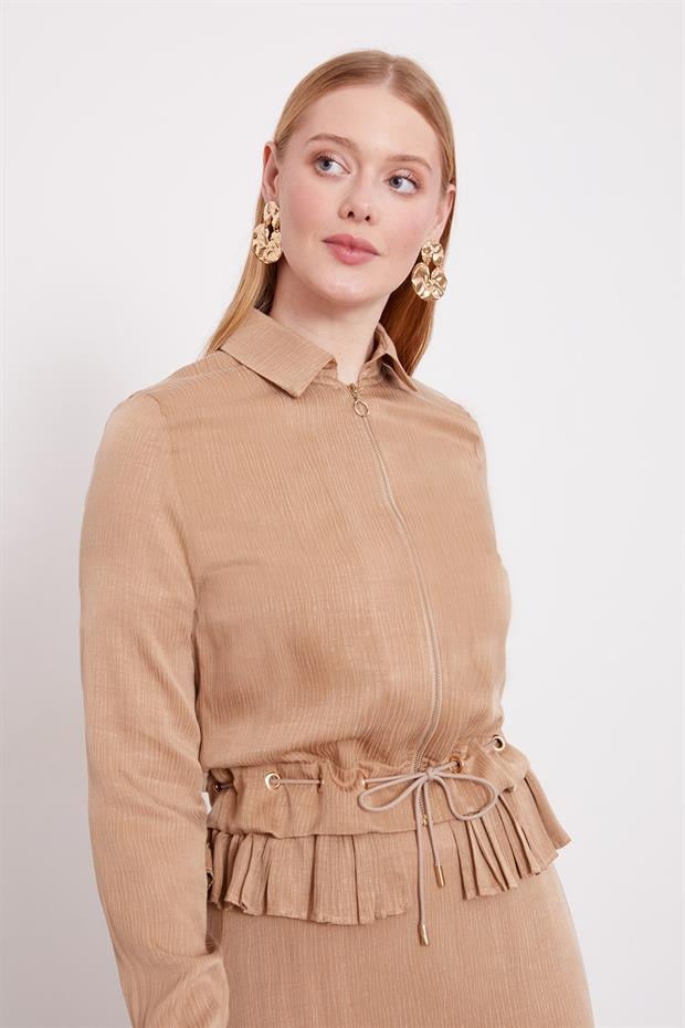 Camel Fırfır Detaylı Cupra Etek Takım