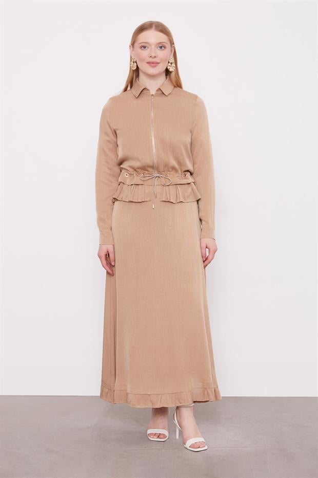 Camel Fırfır Detaylı Cupra Etek Takım