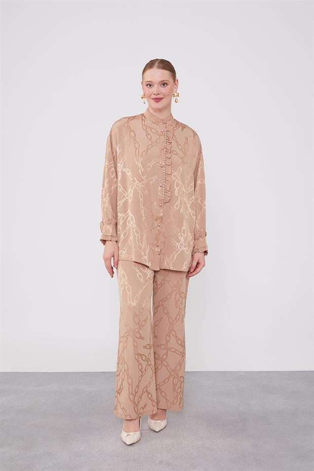 Camel Fırfır Düğme Detaylı Zncir Desen İkili Takım