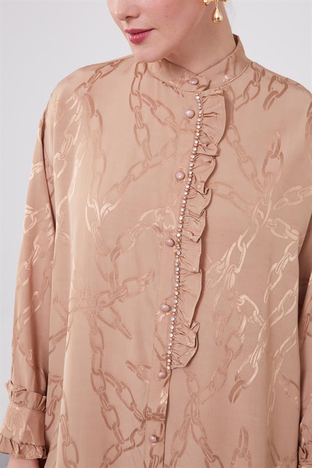 Camel Fırfır Düğme Detaylı Zncir Desen İkili Takım