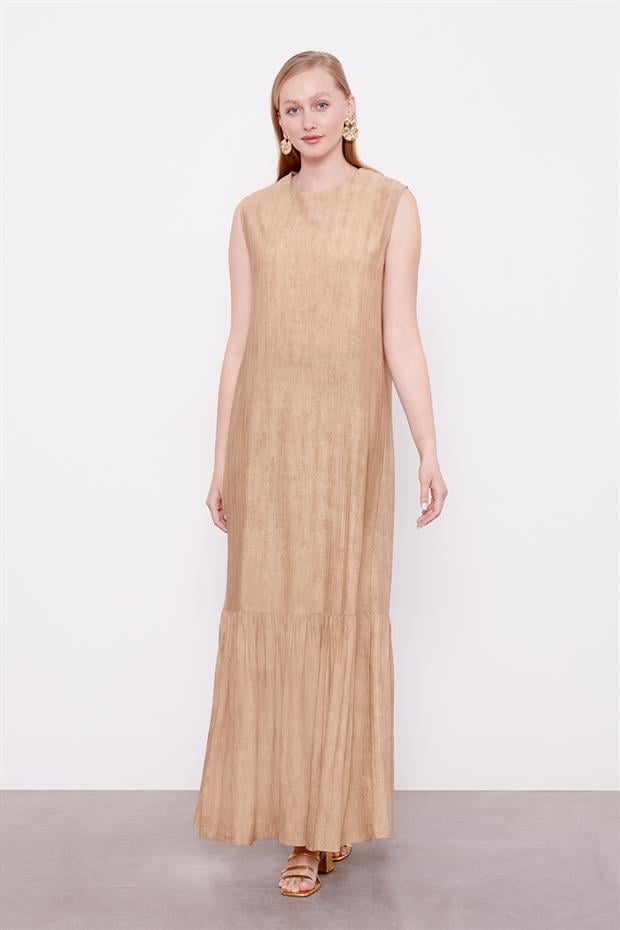 Camel Fiyonk Detaylı Ceketli Elbise