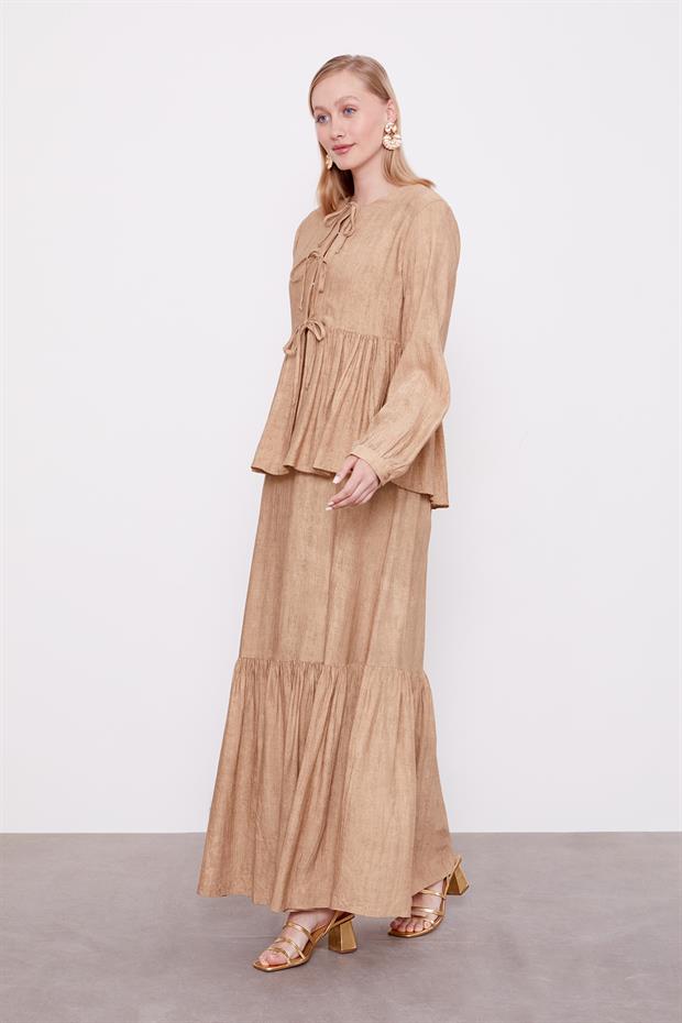 Camel Fiyonk Detaylı Ceketli Elbise