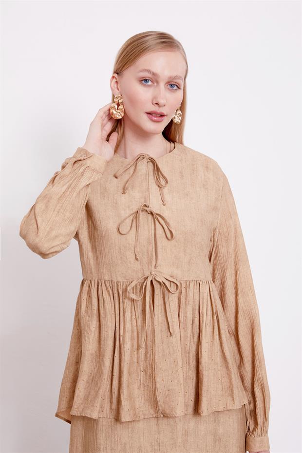 Camel Fiyonk Detaylı Ceketli Elbise