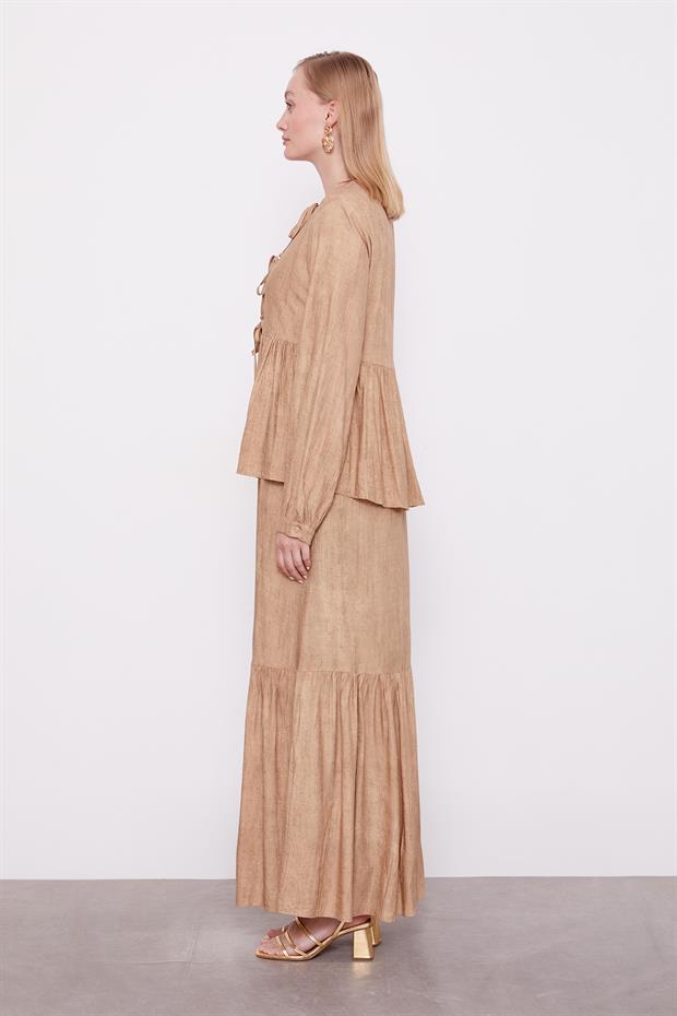 Camel Fiyonk Detaylı Ceketli Elbise