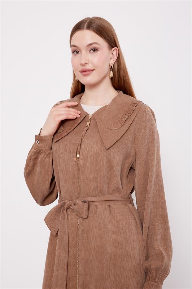 Camel Geniş Yakalı Fermuarlı Cupra Kap