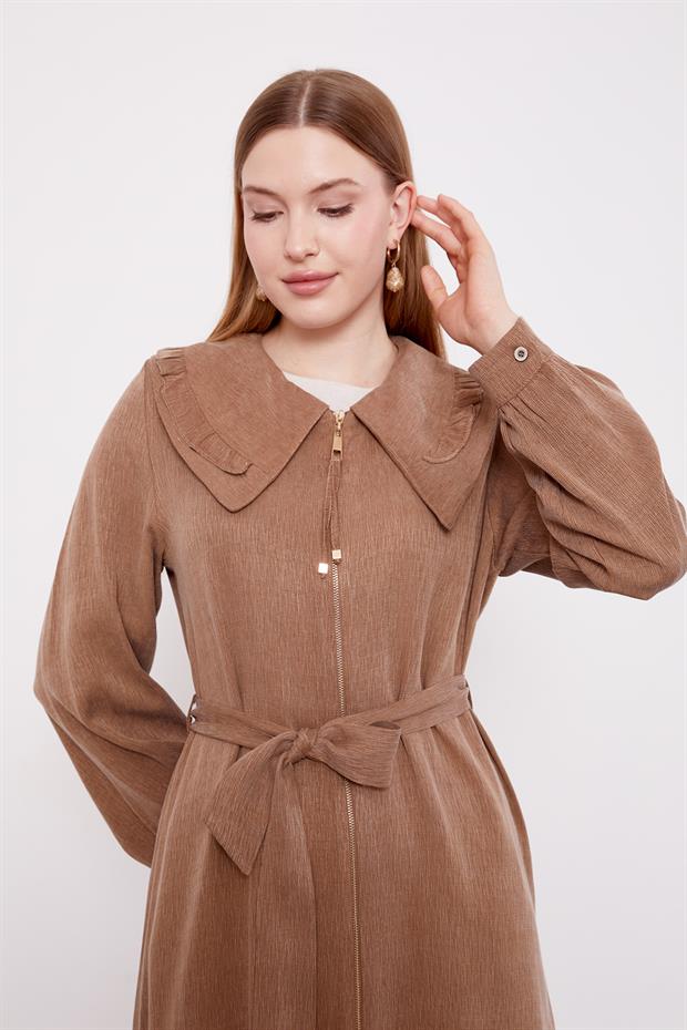 Camel Geniş Yakalı Fermuarlı Cupra Kap