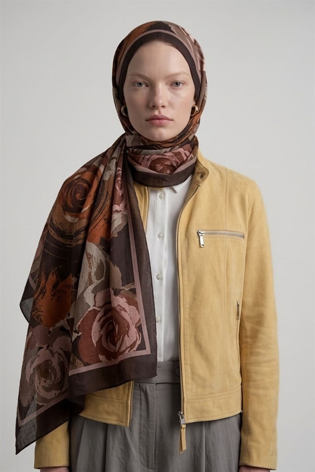 Camel Gül Desen Royal Şal