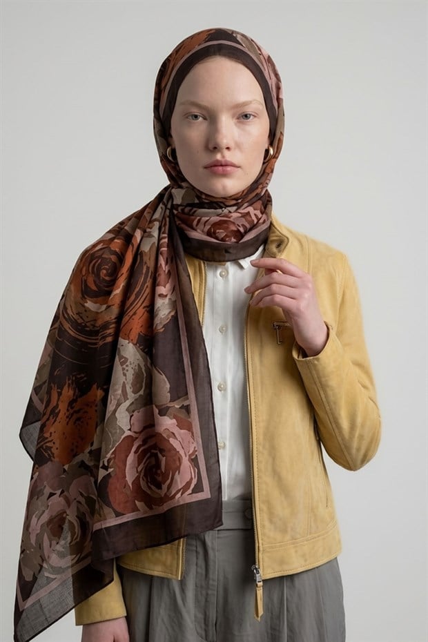 Camel Gül Desen Royal Şal