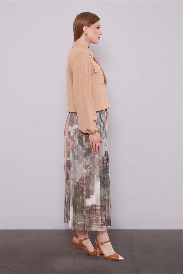 Camel - Haki Bel Büzgülü Etek Takım