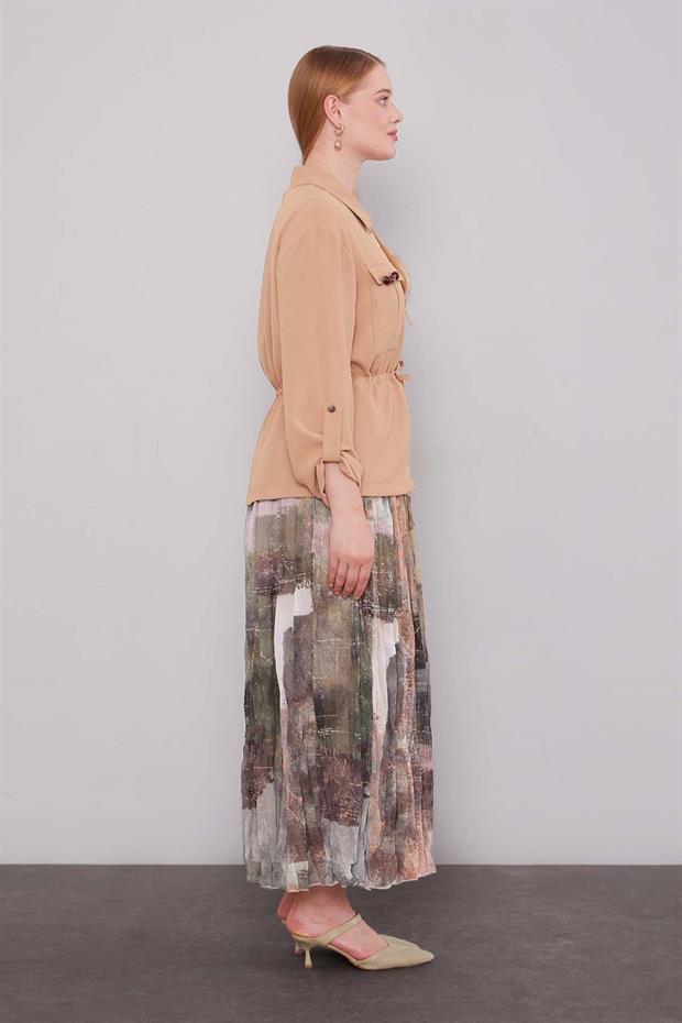 Camel - Haki Karışık Desenli Etek Takım