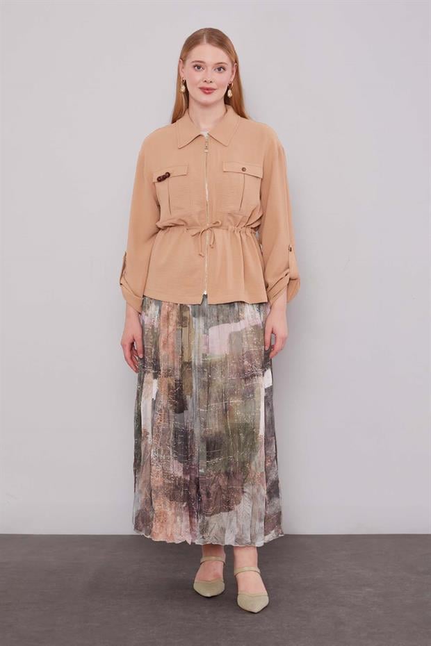 Camel - Haki Karışık Desenli Etek Takım