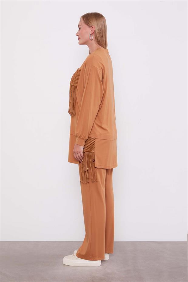 Camel Hasır Püskül Detaylı İkili Takım