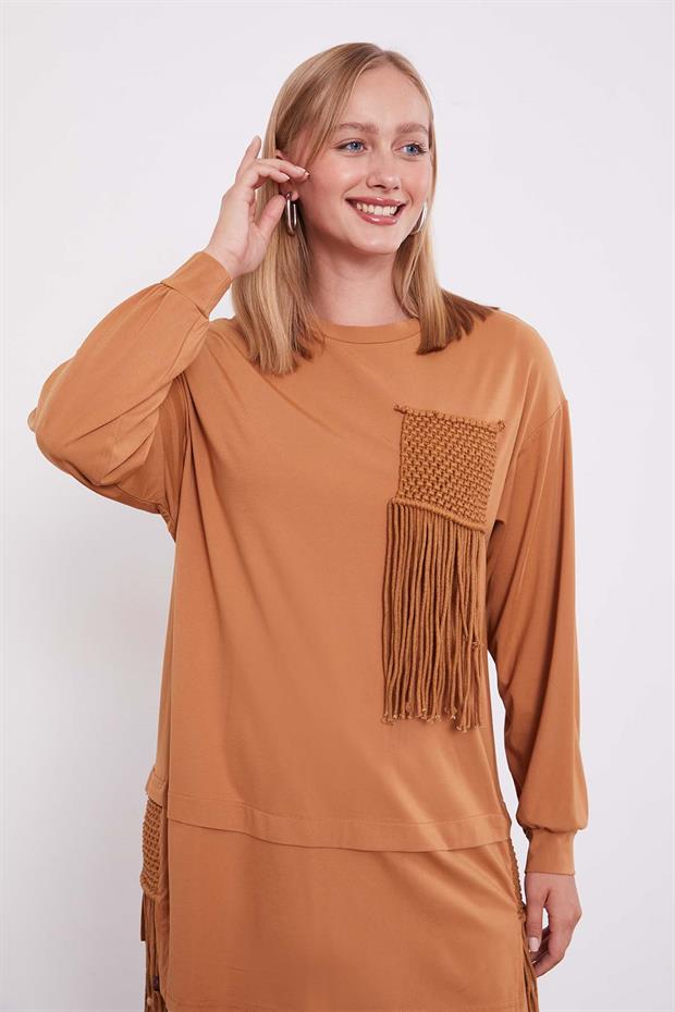 Camel Hasır Püskül Detaylı İkili Takım