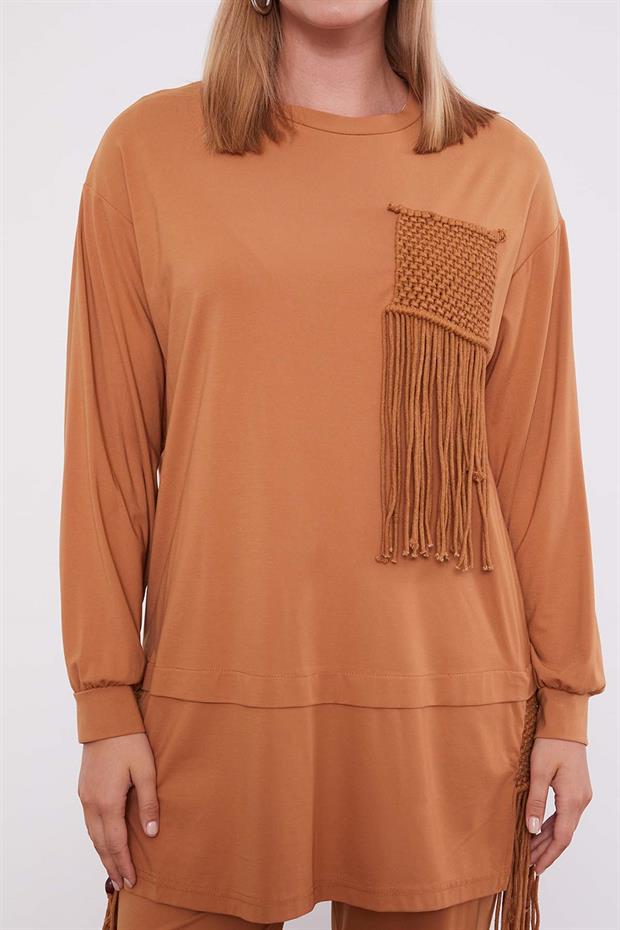 Camel Hasır Püskül Detaylı İkili Takım