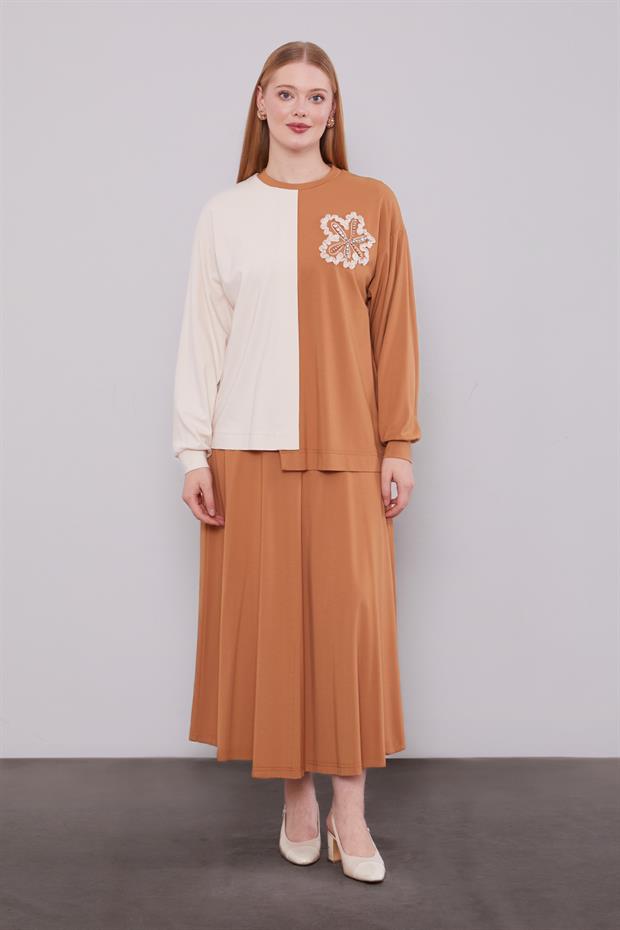 Camel İki Renkli Asimetrik Etekli Takım