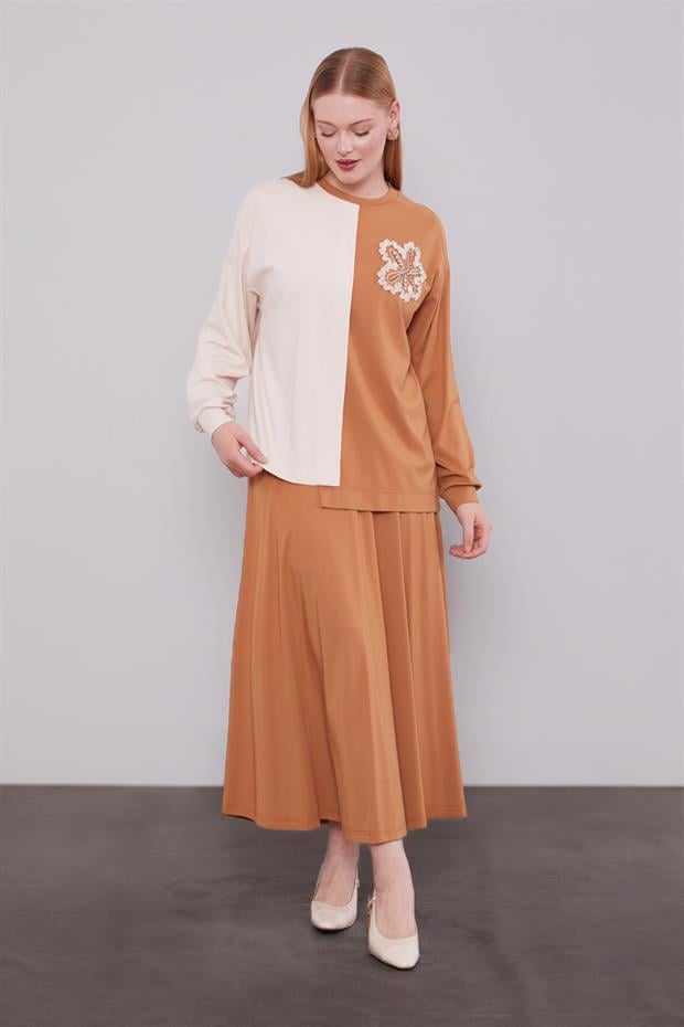 Camel İki Renkli Asimetrik Etekli Takım