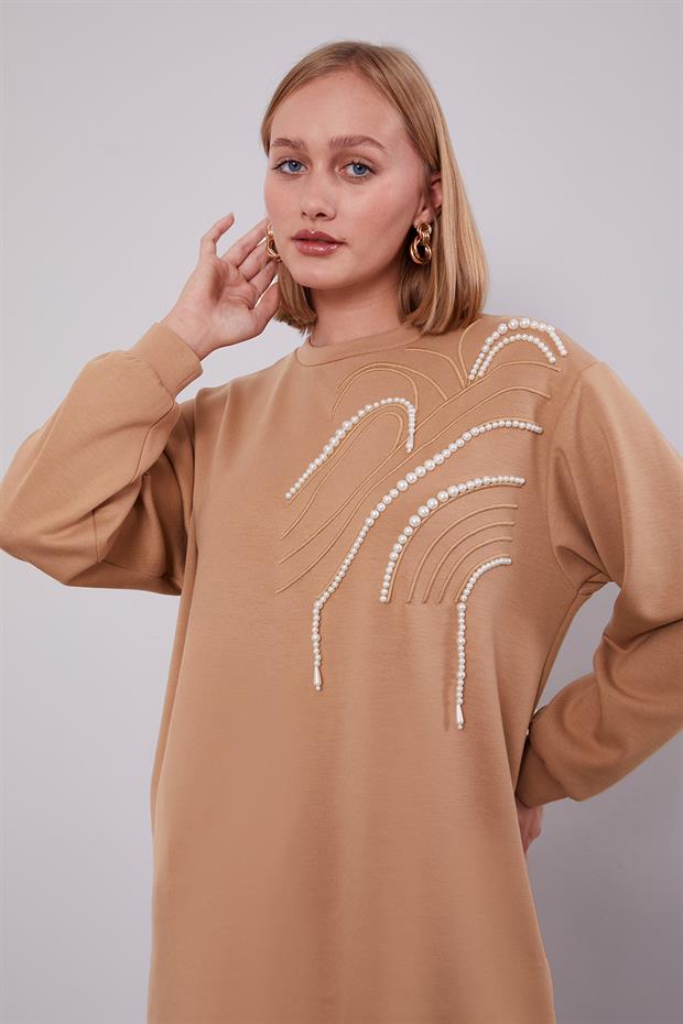 Camel İnci Detaylı Sweatshirt