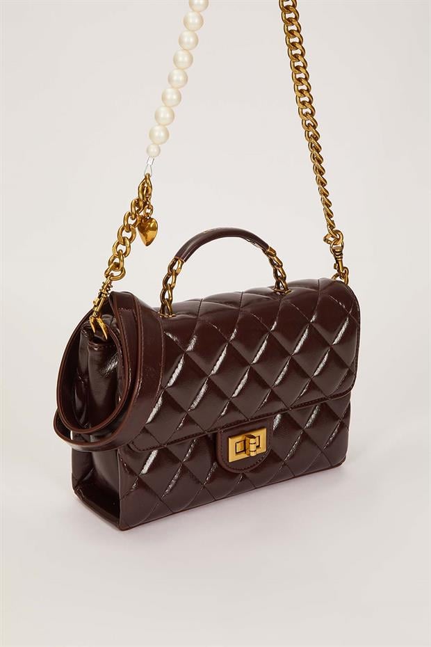 Camel İnci Ve Kalp Aksesuar Detaylı Omuz Çantası