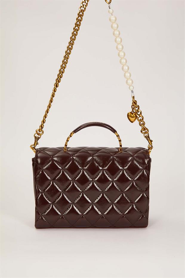 Camel İnci Ve Kalp Aksesuar Detaylı Omuz Çantası