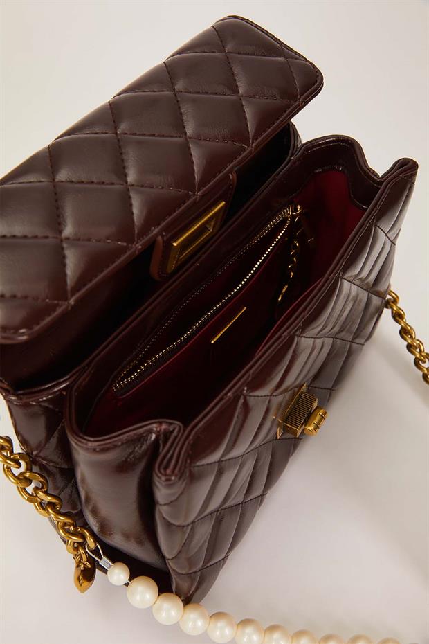 Camel İnci Ve Kalp Aksesuar Detaylı Omuz Çantası