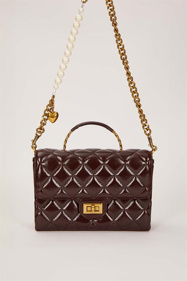 Camel İnci Ve Kalp Aksesuar Detaylı Omuz Çantası