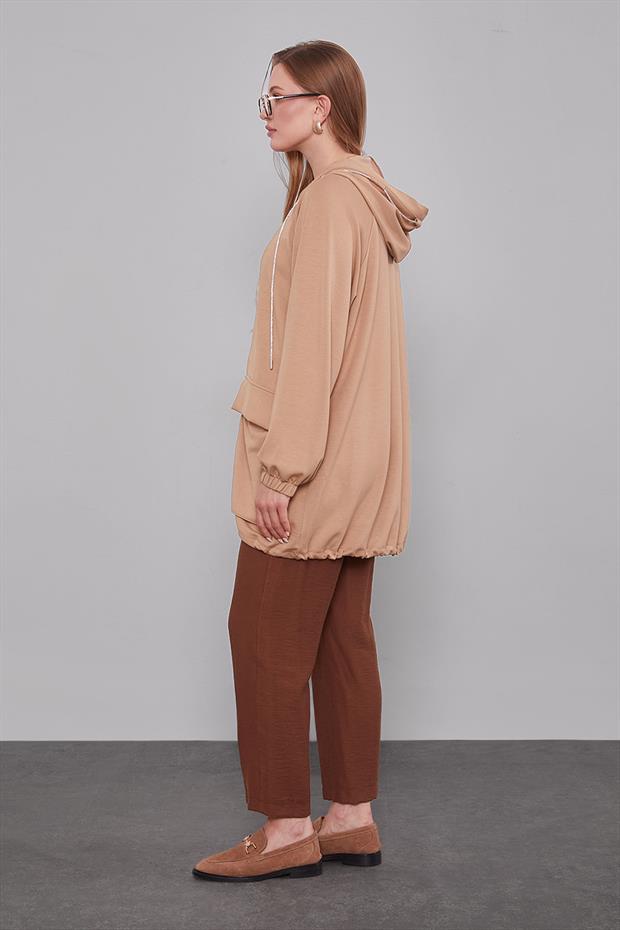 Camel Kapüşonlu Taşlı İp Detaylı Kap