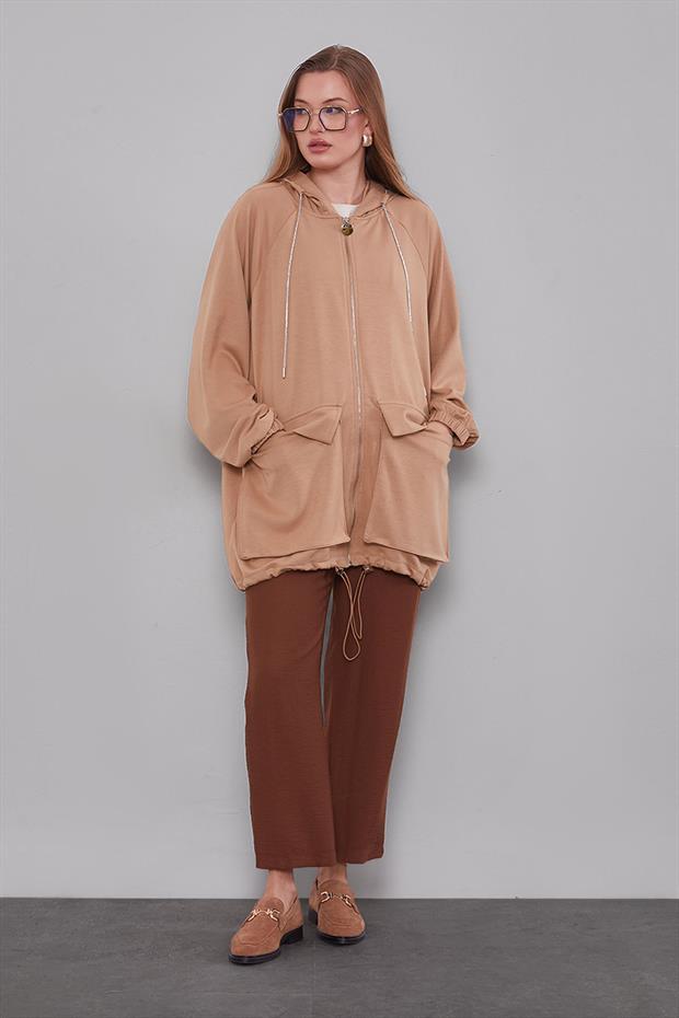 Camel Kapüşonlu Taşlı İp Detaylı Kap