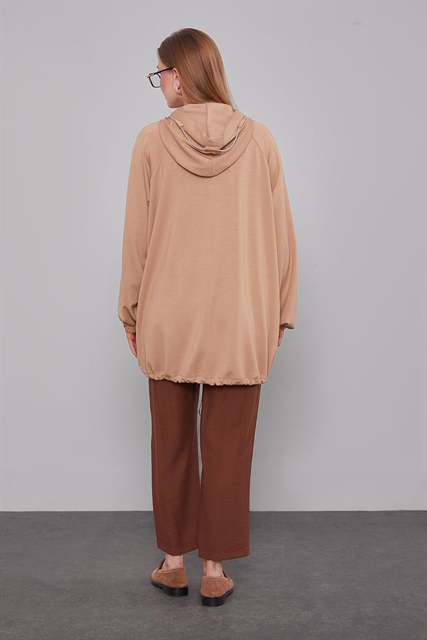 Camel Kapüşonlu Taşlı İp Detaylı Kap