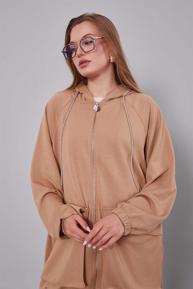 Camel Kapüşonlu Taşlı İp Detaylı Kap