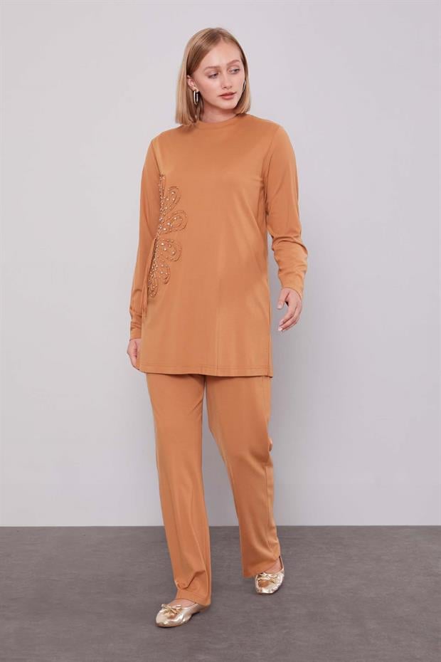 Camel Kenar Desen Detaylı Taşlı İkili Takım