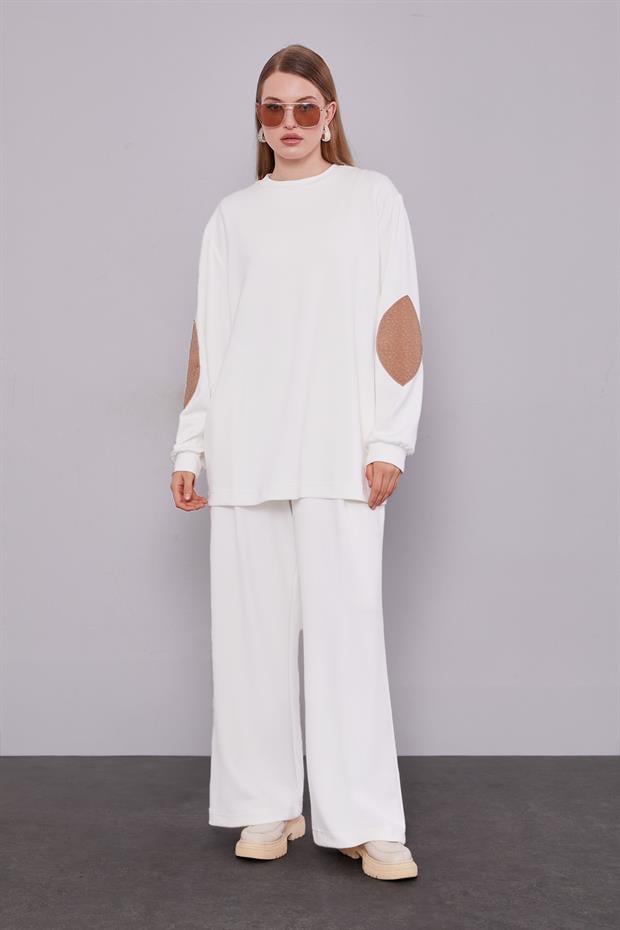 Camel Kendinden Desenli Yelekli Üçlü Takım