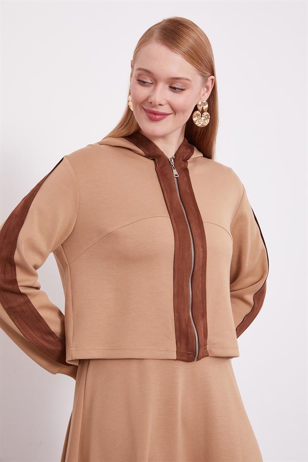 Camel Kısa Hırkalı Fermuar Kapamalı Etek Takım