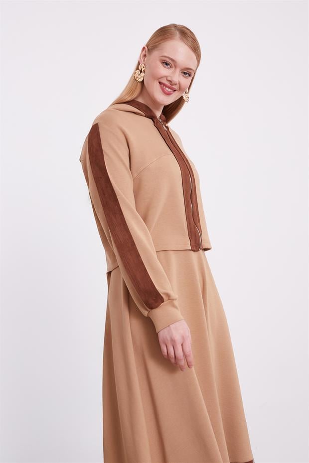 Camel Kısa Hırkalı Fermuar Kapamalı Etek Takım