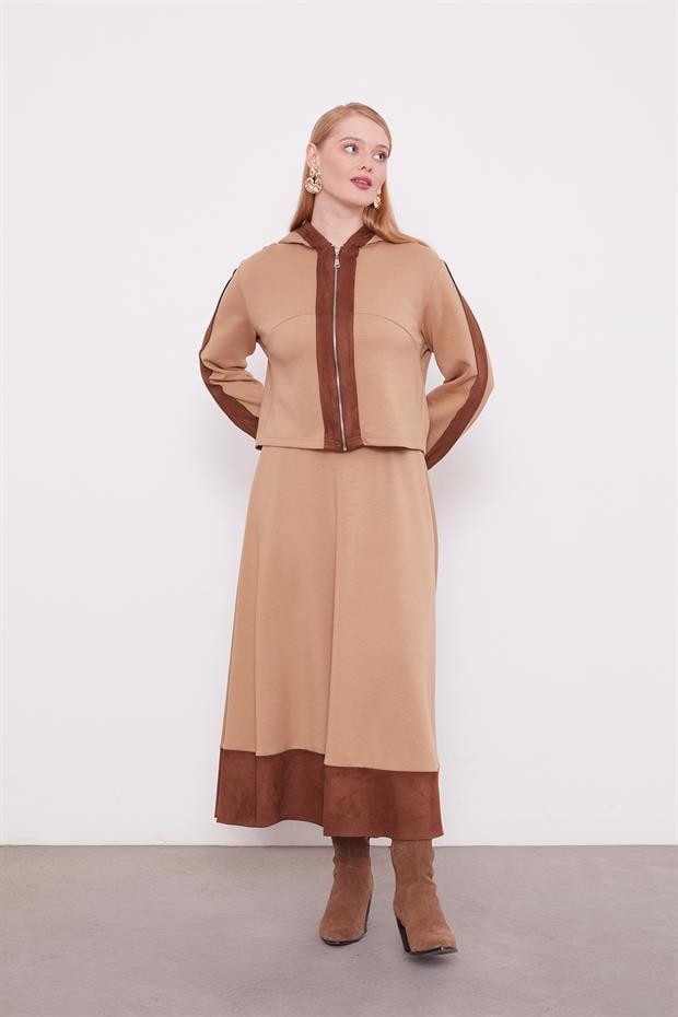 Camel Kısa Hırkalı Fermuar Kapamalı Etek Takım