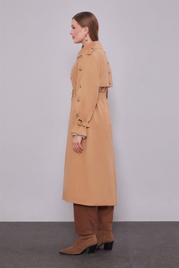 Camel Kol Düğme Detaylı Trençkot