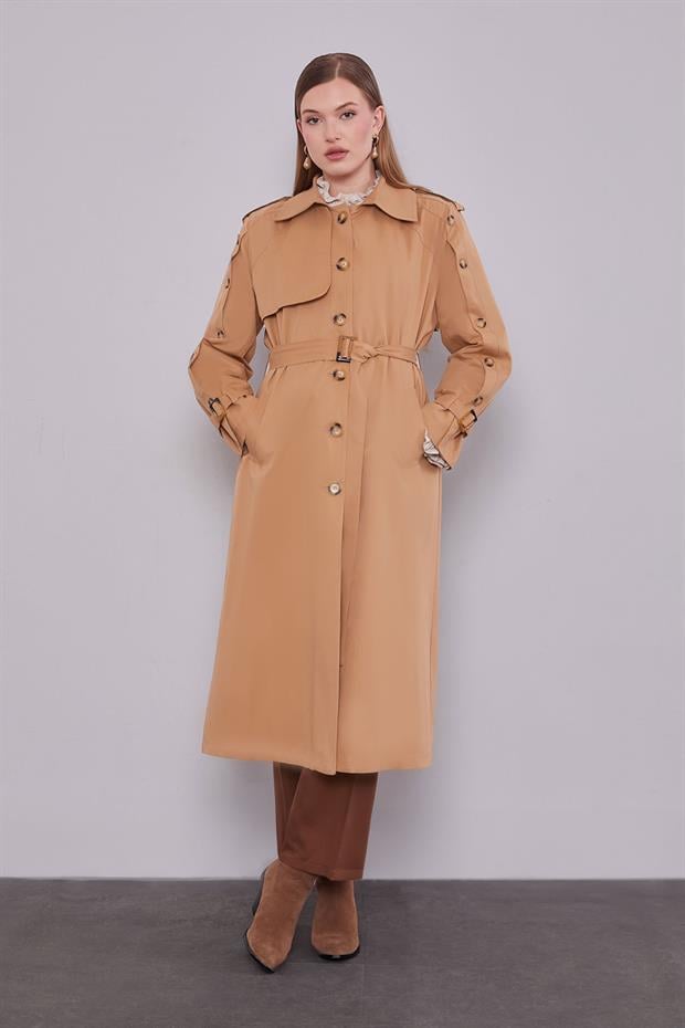 Camel Kol Düğme Detaylı Trençkot