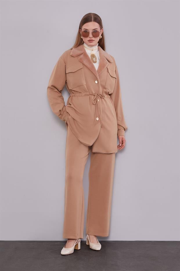 Camel Kruvaze Kürk Yakalı İkili Takım