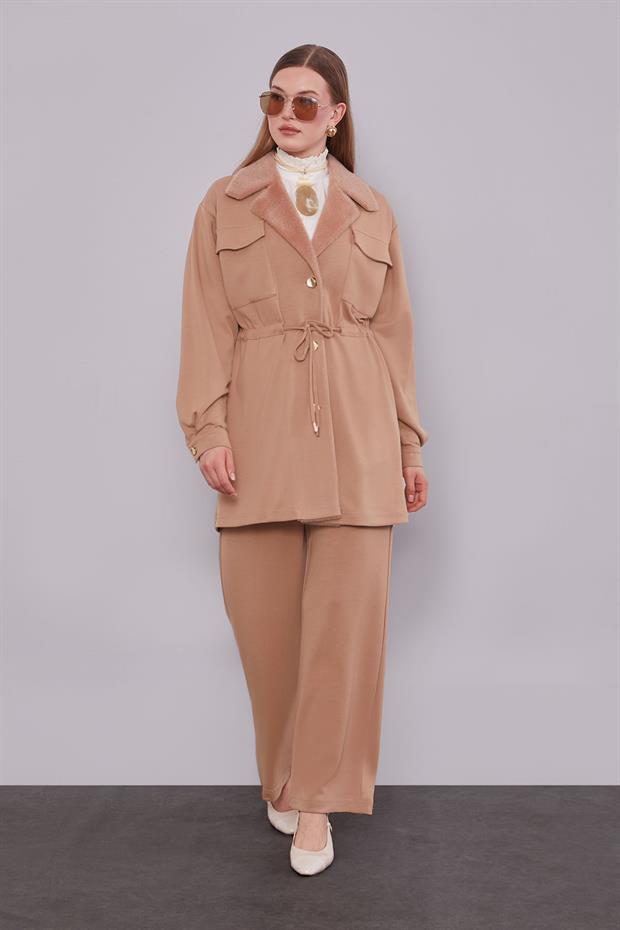 Camel Kruvaze Kürk Yakalı İkili Takım