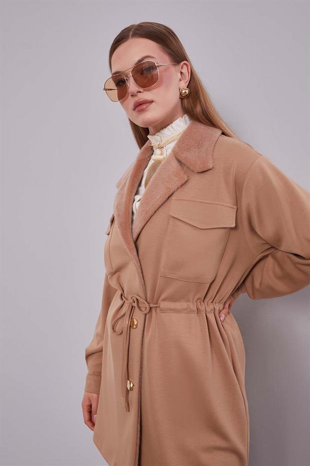 Camel Kruvaze Kürk Yakalı İkili Takım