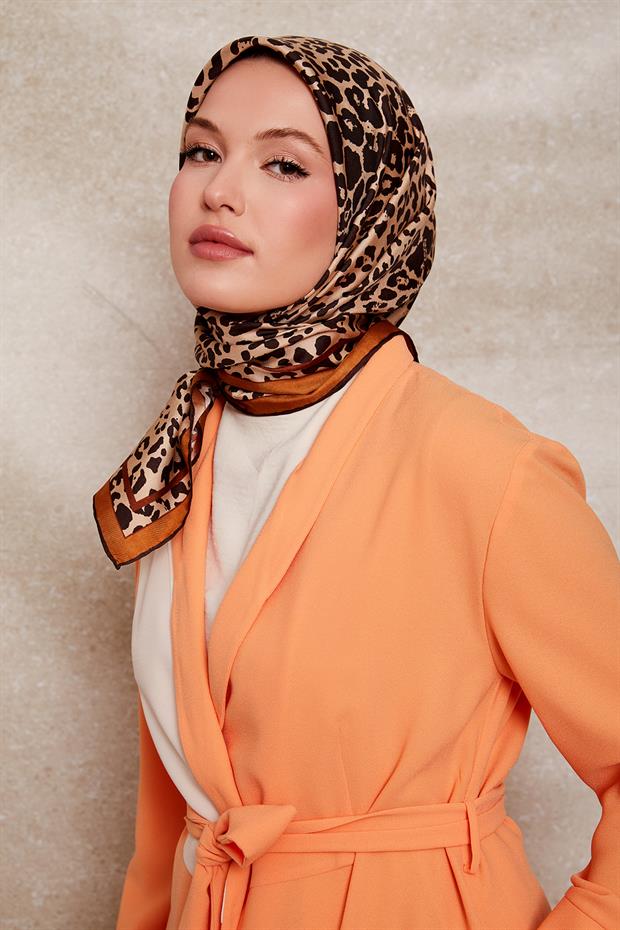 Camel Leopar Desen Twill İpek Eşarp