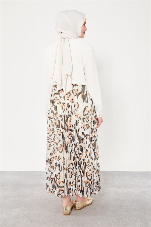Camel Leopar Desenli Pileli Etek
