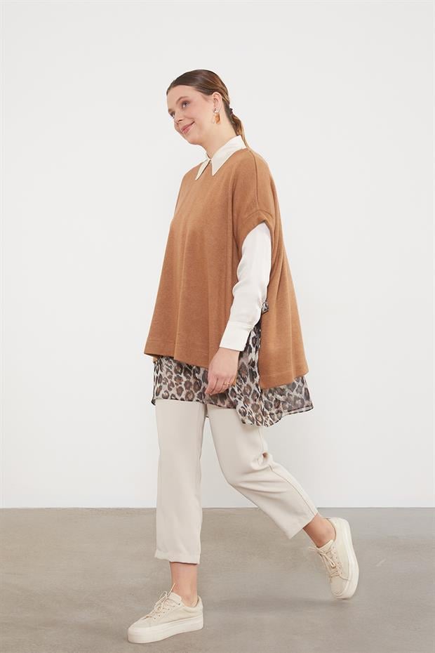 Leopar Tül Detaylı Tunik Camel