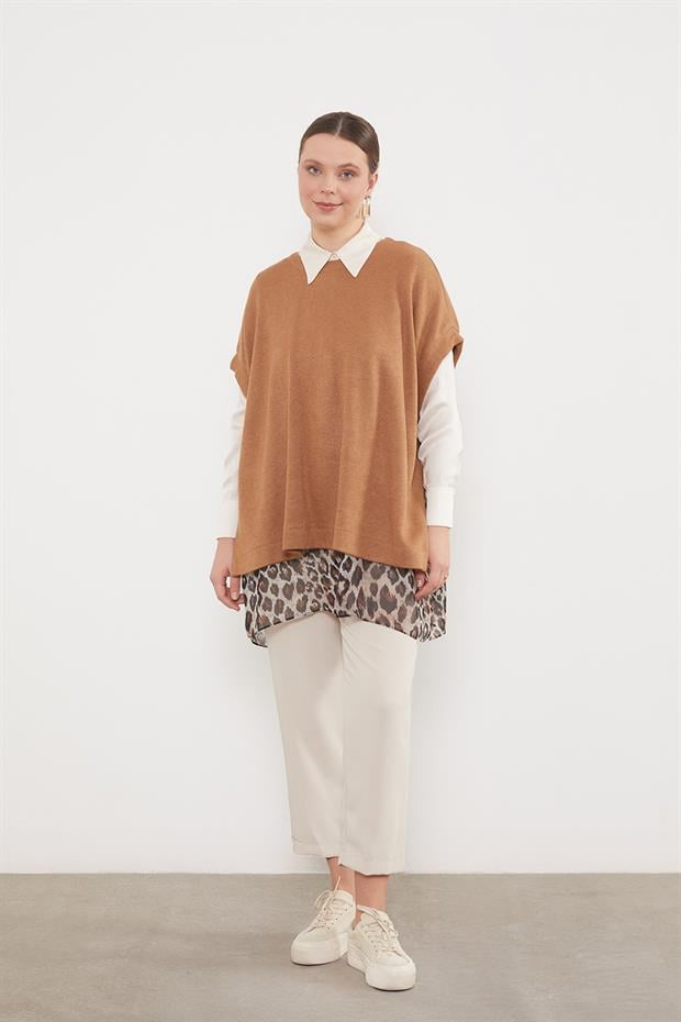 Leopar Tül Detaylı Tunik Camel
