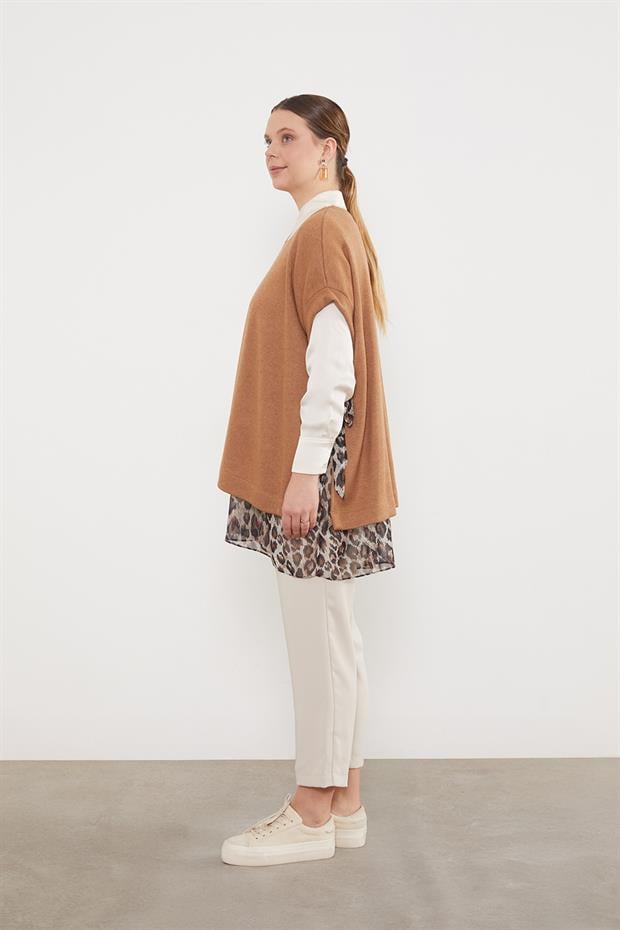 Leopar Tül Detaylı Tunik Camel